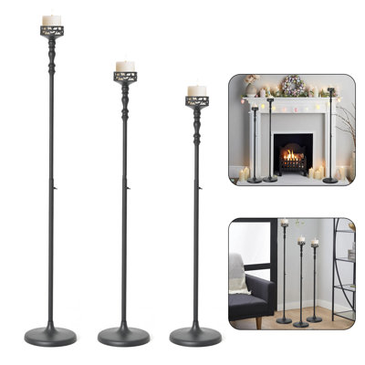 3 Pcs Adjustable Black Tall Metal Candle Holders for Home Floor, Fireplace Mantel Decor