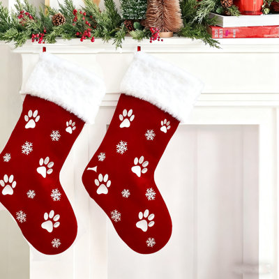 2Pcs Pet Theme Christmas Stocking, Red With Embroidered Paw Print & Snowflake For Dog Cat Lover, Xmas Fireplace Mantel Decor, Gift Bag