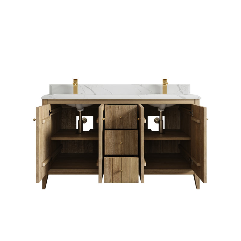 Teck d'Atlanta 60 po X P 22 po D Meuble-lavabo double en gris clair délavé avec quartz Cove Edge, Calacatta Laza