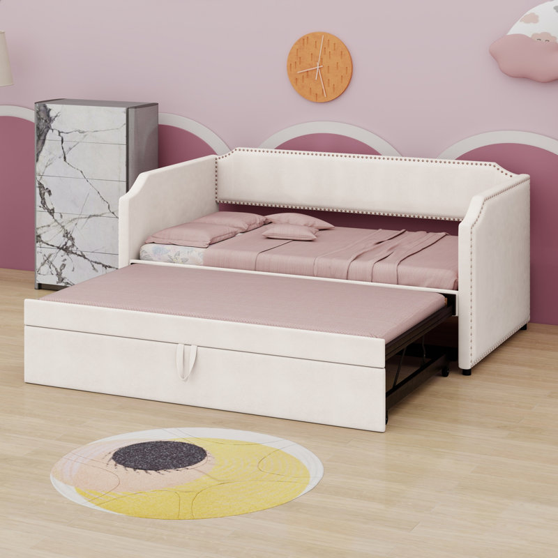 Velvet Upholstered Daybed With Pop Up Trundle, Beige