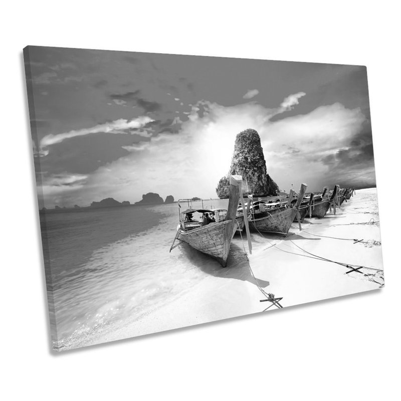 Thailand Beach Boat Sunset B&W - Wrapped Canvas Print, 61cm H x 91.4cm W x 4cm D