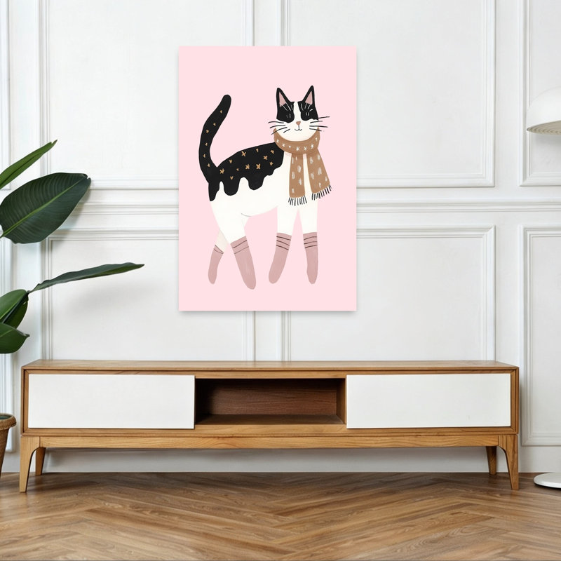 Cute Cat Pink Socks Whimsical Abstract Contemporary Cat Winter Landscape Wall Art Print 1 Piece Wrapped Canvas Wall Art