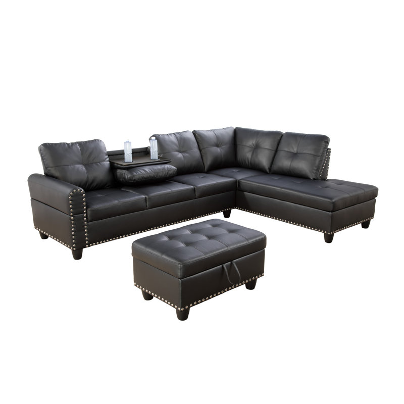 Adebisi Upholstered Sectional, Black Faux Leather, Right Hand Facing
