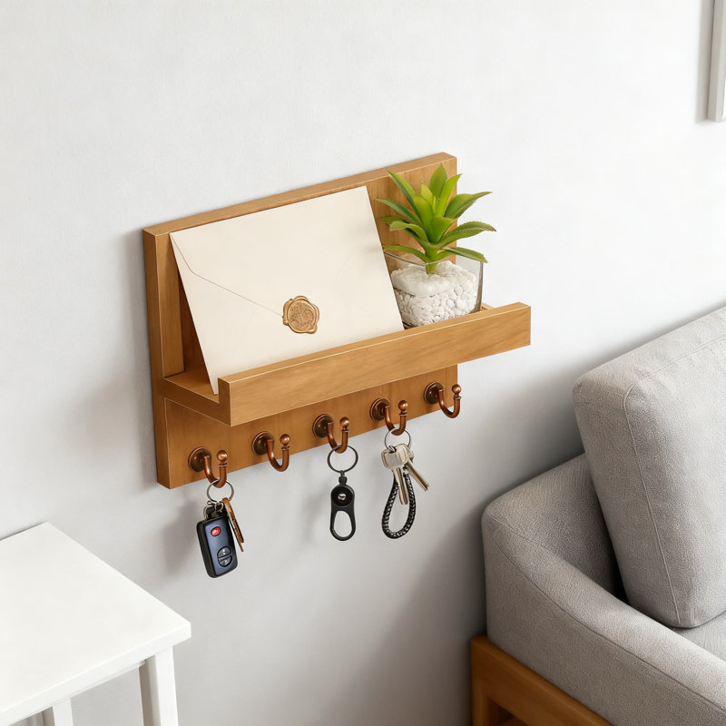 Porte-clés mural et organisateur de courrier avec 5 crochets robustes pour l'entrée, la cuisine et l'organisation à la maison, installation rustique facile à installer