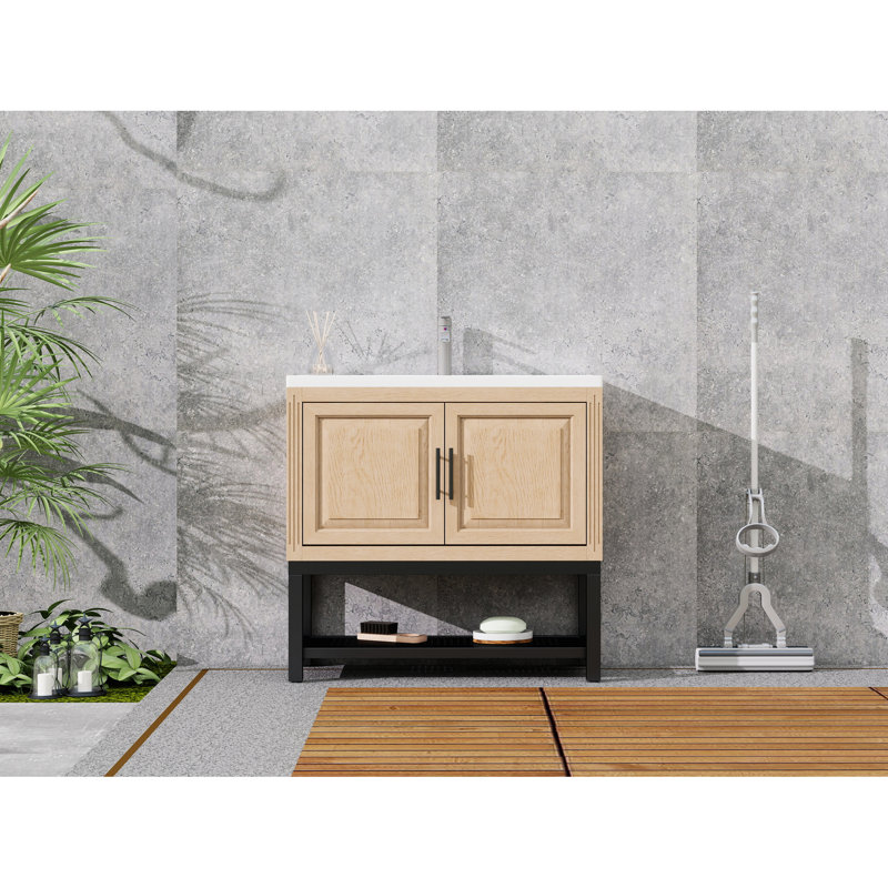 Armoire de salle de bain autoportante de 36 pouces avec comptoir en céramique blanche, lavabo et robinet texturé, 2 portes de rangement, tablette ouverte en fer pour une grande surface froide et chaude, base en métal pour l'intérieur et l'extérieur
