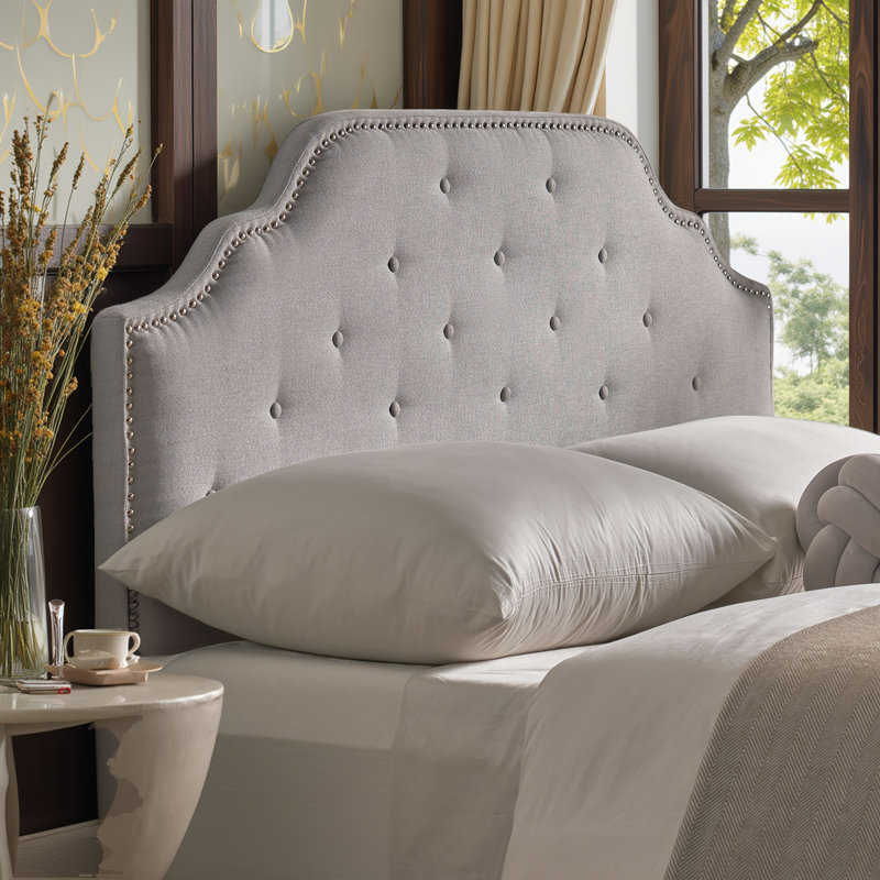 Light Grey Fabric Queen Size Headboard - Solid Wood Frame & Metal Legs, Adjustable Height With Nailhead Trim, Gray Fabric