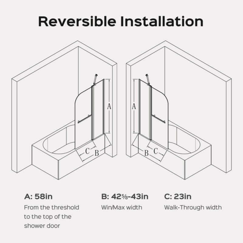 43 In. W * 58 In. H Frameless Folding Shower Doors For Bathtub, 1/4" (6Mm) Thick SGCC Tempered Glass Door, Bathroom Pivot Tub Glass Door