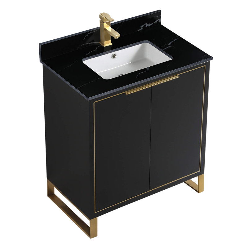 Gesa 30'' Single Bathroom Vanity with Stone Top, Black Matte, Satin Brass