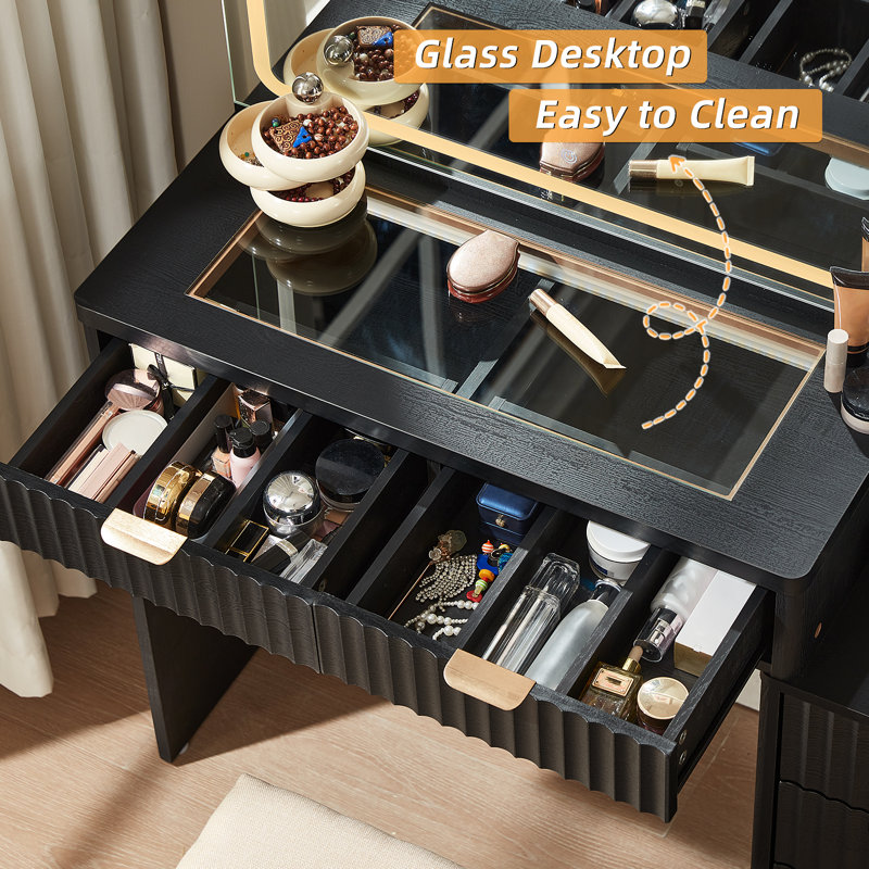 Vanity Desk With Mirror And Lights(No Chair), 43.5'' Fluted Makeup Vanity With 6 Drawers And Adjustable Shelves,Wood Make Up Vanity Dressing Table With Glass Top And Power Outlet For Bedroom