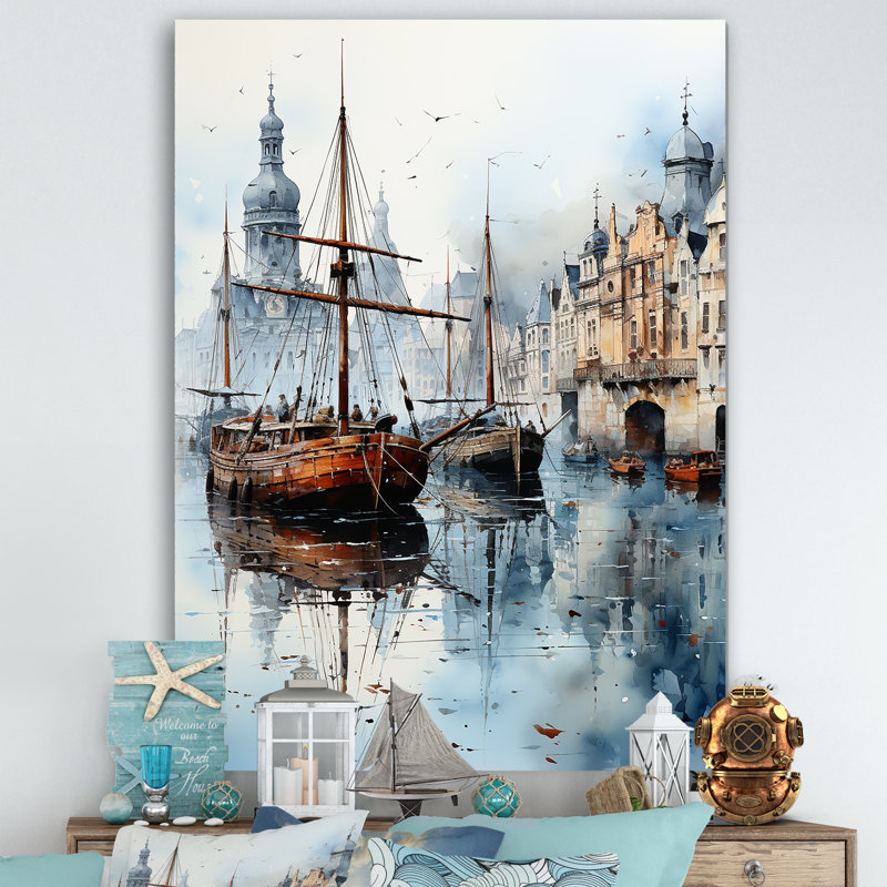 1900S, Bateau d'expédition au port, sur toile, Toile tendue, 32" H x 16" W