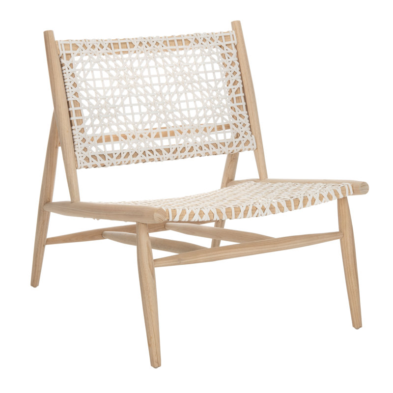 Chaise d'appoint à dossier tissé Kazbah, Cuir véritable blanc / pieds en chêne blanchi
