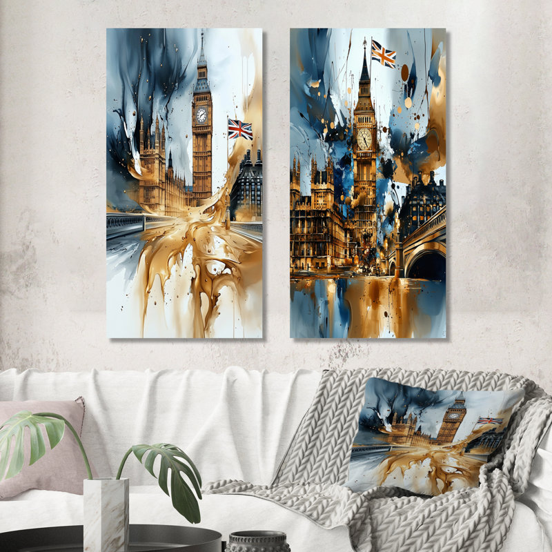 «London Big Ben Glow on Gold I», art mural 2 pièces, 40" H x 40" W
