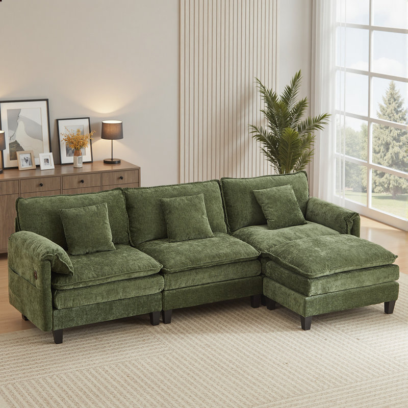 108'' Modular L-Shaped Sectional Sofa with Ottoman, Chenille Cloud Couch with Side Pocket & USB Ports for Living Room or Apartment,Green