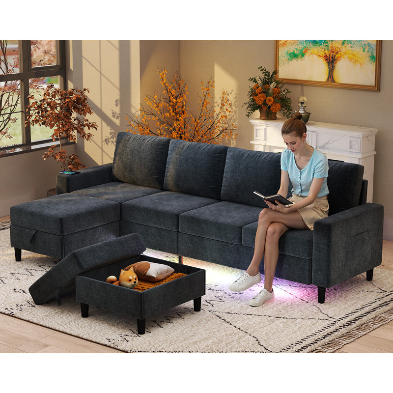 6 Seat Chenille Sectional Sofa With Smart Module-Wireless Charging/Usb/Type-C/Rgb Light, Gray