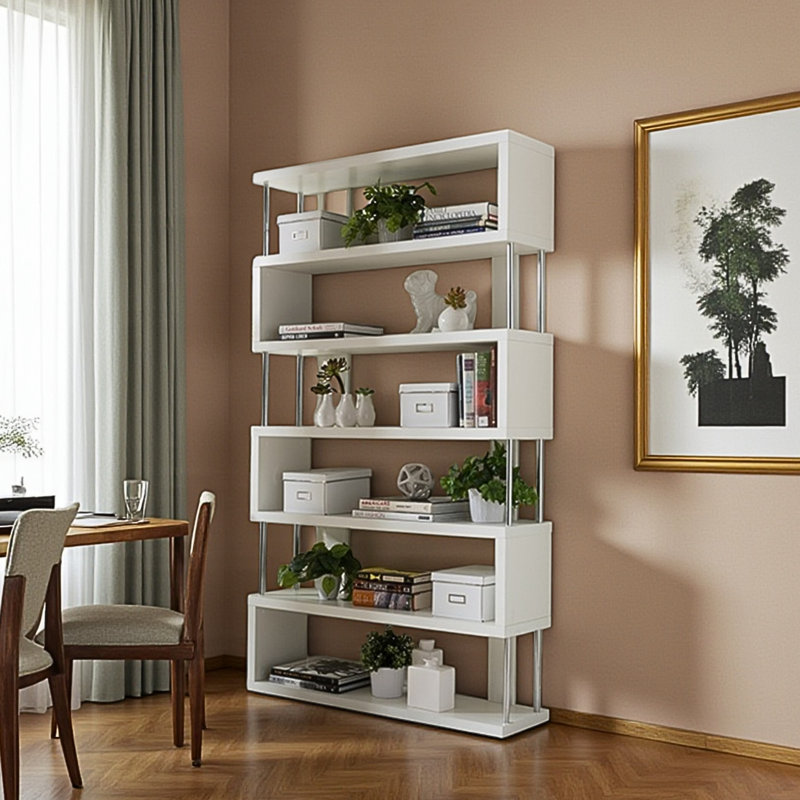 Deeter Modern Bookcase with Six Shelves in White, 75.23" H X 43.21" W X 11.22" D, 75.23" H x 43.21" W x 11.22" D