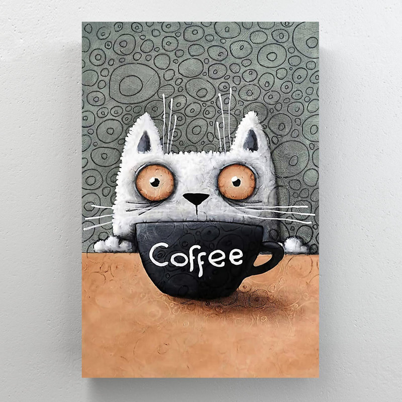 «A Cat And A Cup Of Coffee - Coffee», reproduction d'art graphique sur toile tendue 1 pièce, H 20 po x l 16 po x P 2 po