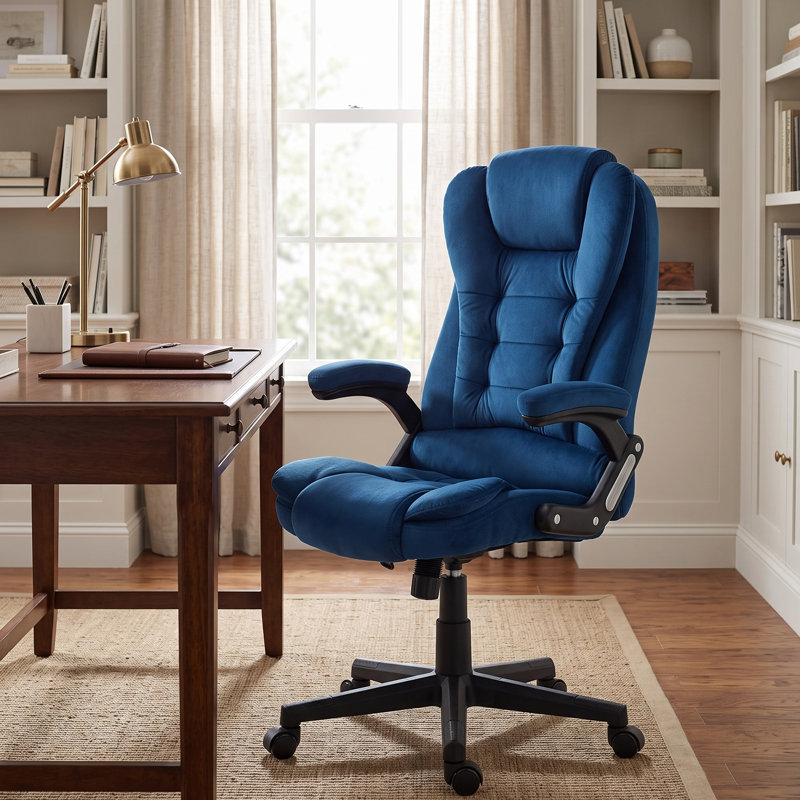 Fauteuil de bureau, fauteuil de massage vibrant en velours à dossier haut, bleu foncé, Bleu, Bleu
