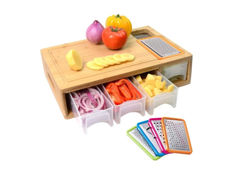 Bamboo Cutting Board with Containers, Lids, and Graters