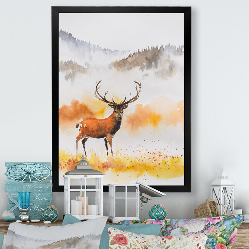 Abstrait cerf avec cornes - reproduction d'art sur toile, H 20 po x l 12 po x P 1 po, Toile avec cadre photo noir