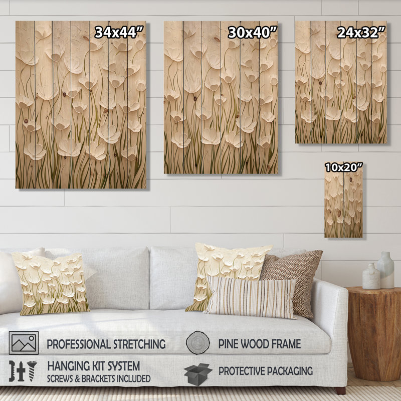 Décoration murale Minimale crème Buttercup Field I - Bouton d'or sur bois de pin naturel, H 40 po x l 30 po x P 0,78 po