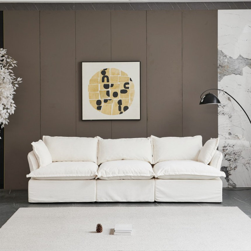 Mahamood Upholstered Sofa, Modular Sectional Sofa Cloud Couch for Living Room Bedroom, Mahamood White Linen Blend