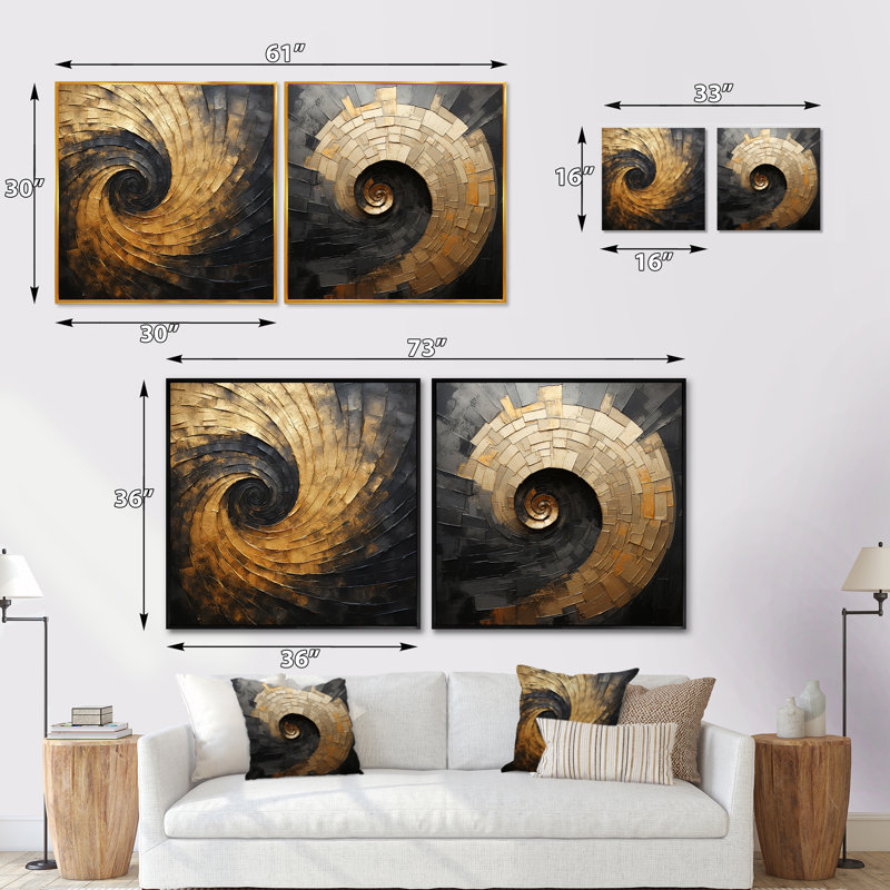 Gold Black Spiral Poteries - Abstract Spirals Square Collage Set Of 2, 16" H x 33" W, Black Floater Framed