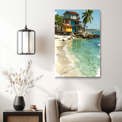 Cadre tropical tendu avec toile tropicale «Colorful Coastal Shack» pour Eclectic Studio