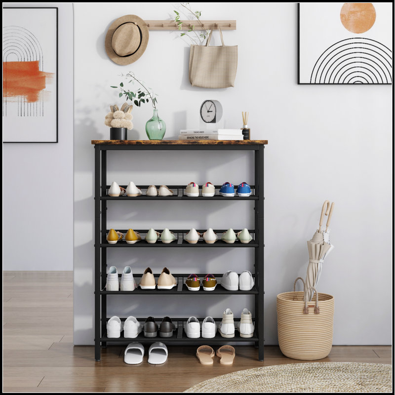 Range-chaussures réglable à 5 couches avec tablettes en filet et rangement supérieur en bois, parfait pour les vestibules organisés