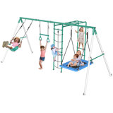 Swing Sets For Backyard With Monkey Bars, Belt Swing, Platform Swing, Climbing Net, Trapeze Bar, Outdoor Playset For Kids
