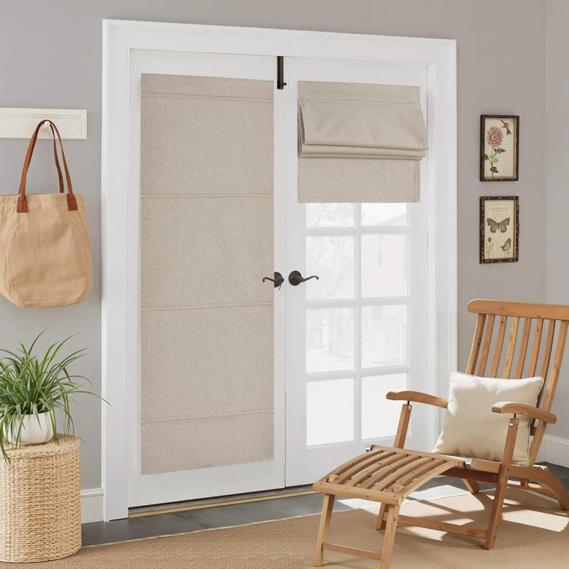  Linen 100% Blackout Roman Shade for Doors, No Drill Cordless Thermal Insulated French Door Curtain, Adhesive Top & Magnetic Lift Privacy Door Window Curtain, 1 Panel