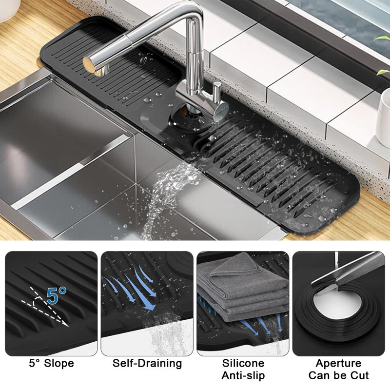 24 Inch Silicone kitchen sink faucet splash guard mat,Faucet Handle Drip Catcher Tray Drying Mat