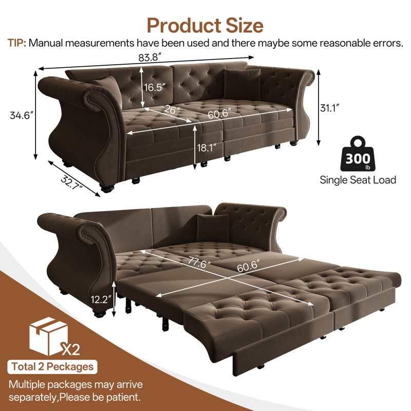Grand canapé-lit Chesterfield de 84 po, H 34,6 po x l 84 po x P 33 po, Brun