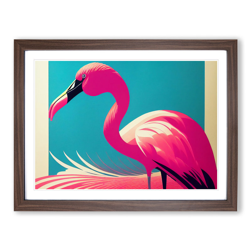 Delightful Flamingo - Single Picture Frame Print, 25cm H x 34cm W x 2cm D, Walnut