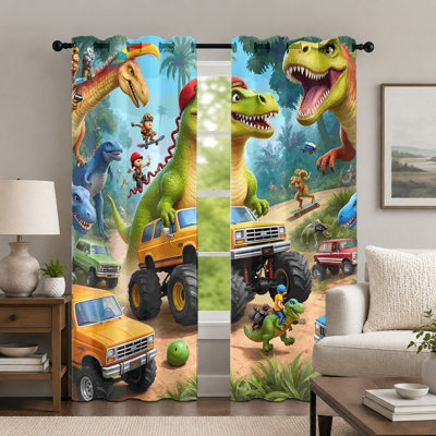 2Pcs Dinosaur and Off-Road Car Curtains, Cartoon Adventure Style Window Panels, Vibrant Jungle Theme Printed Grommet Drapes, Window Treatment for Kids Bedroom Decor