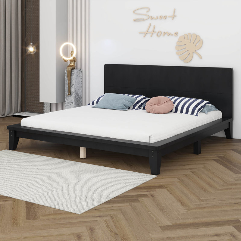 Lit plateforme, cadre de lit moderne de style Mid-Century avec tête de lit, cadre de lit uni, Grand lit, Noir