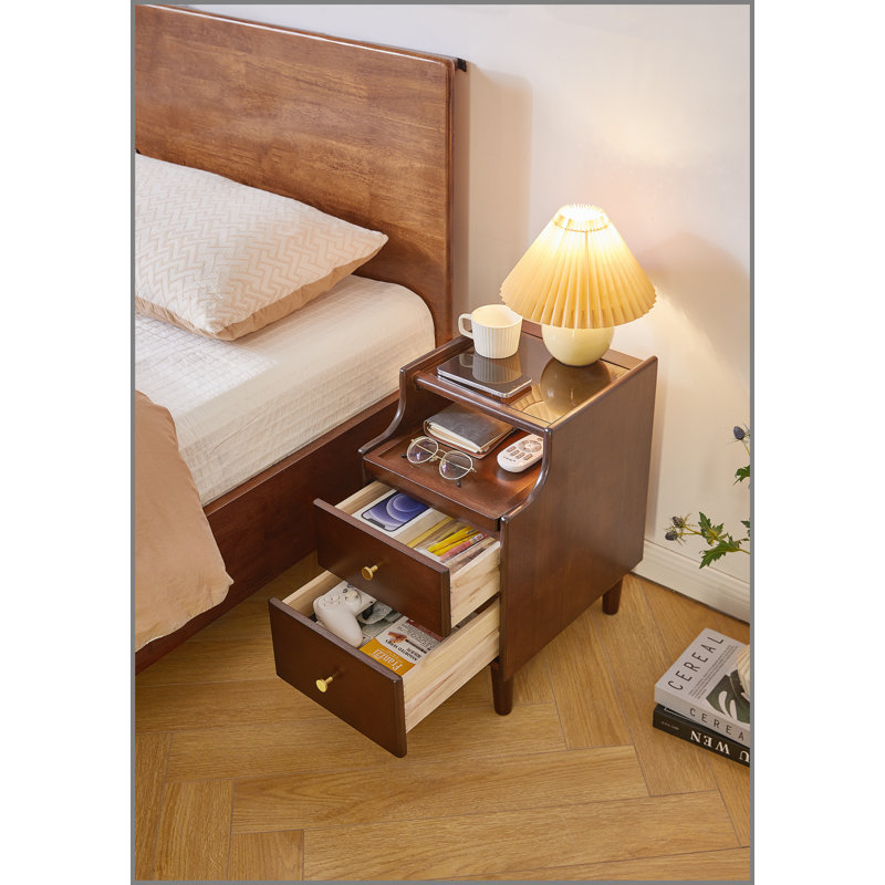 Solid Wood Nightstand with Two Drawers and Pull-out Panel Storage Bedside Table and Sofa Side Table