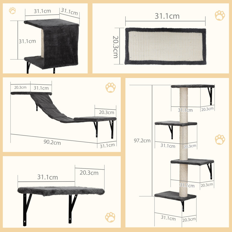 Arbre de jeu d'intérieur gris pour chat - planche à gratter, perchoirs et pont 5 pièces, Noir