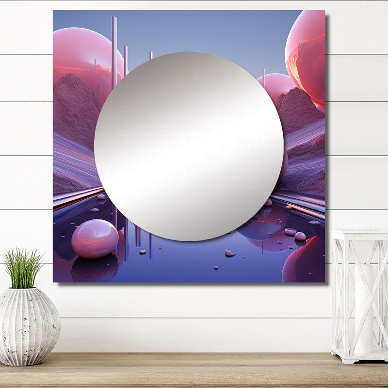 Sphère rose et bleue univers cosmique futuriste I - miroir carré abstrait pour décoration murale, 29 po x 29 po
