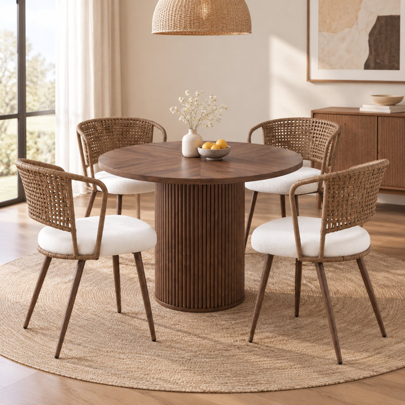 Ensemble de salle à manger 5 pièces en noyer rond à piédestal cannelé avec chaises à oreilles en rotin