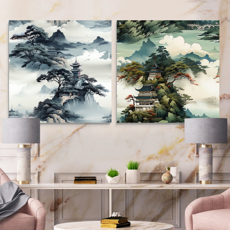 Callas - Chine, ensemble de 2 peintures murales en acrylique, H 16 po x l 33 po