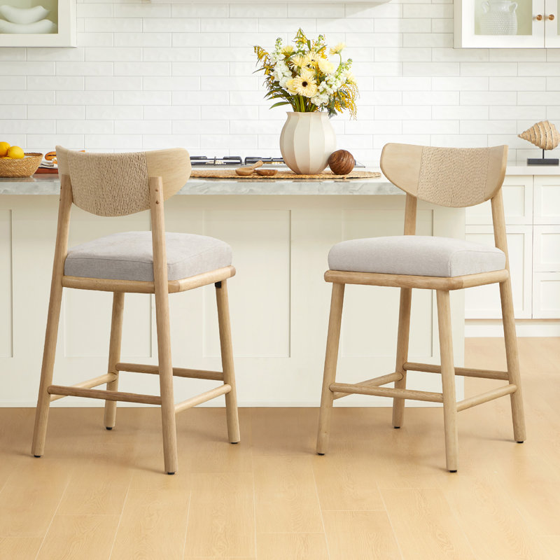 Tabouret de comptoir rembourré avec dossier tissé à la main, Blanc cassé