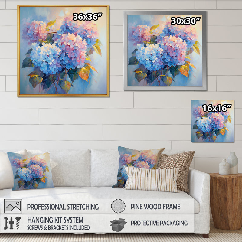 «Tender Hydrangea Bouquet In Gentle Pastel», reproduction sur toile, Cadre simple noir, H 30 po x l 30 po x P 1 po