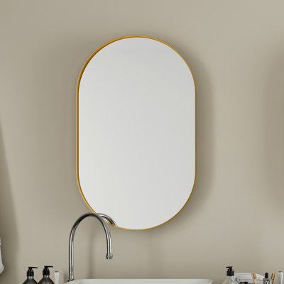 Étagère de salle de bain encastrée ovale 20 po x 34 po avec miroir et tablettes réglables, étagères à pharmacie encadrées en métal doré