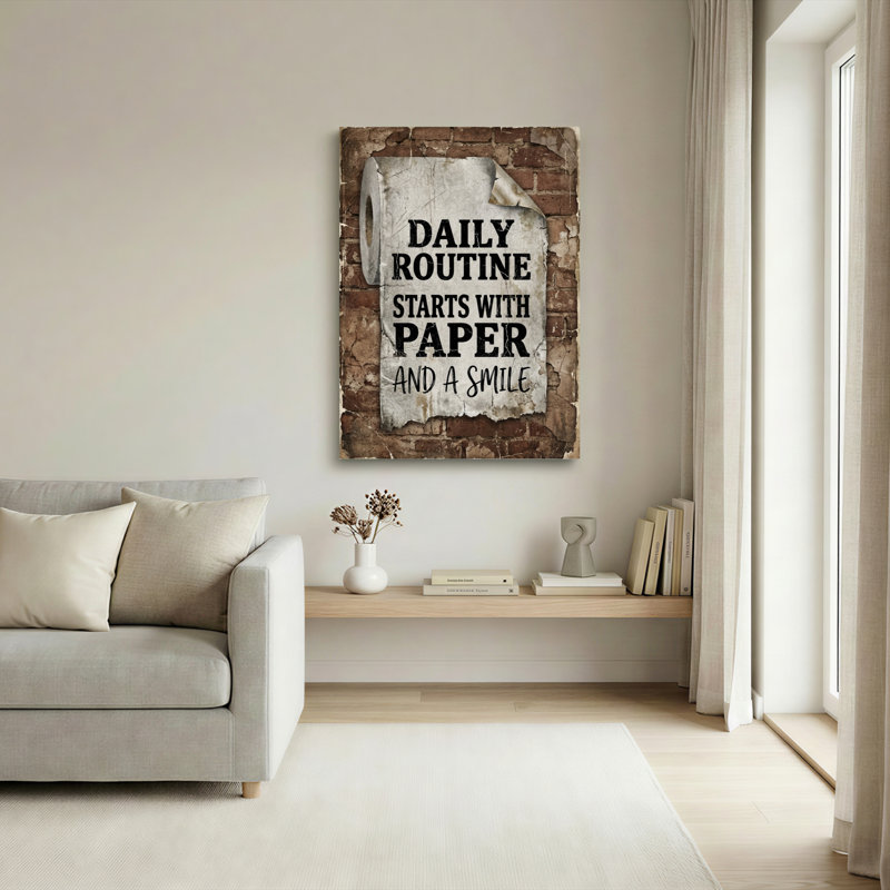 «Daily routine» commence avec du papier et un sourire sur toile tendue sur fond de briques (ensemble de 1), H 30 po x l 20 po