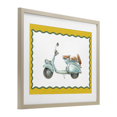 Vespa bleu avec bordure jaune, reproduction encadrée sous verre, design par Lanie Loreth
