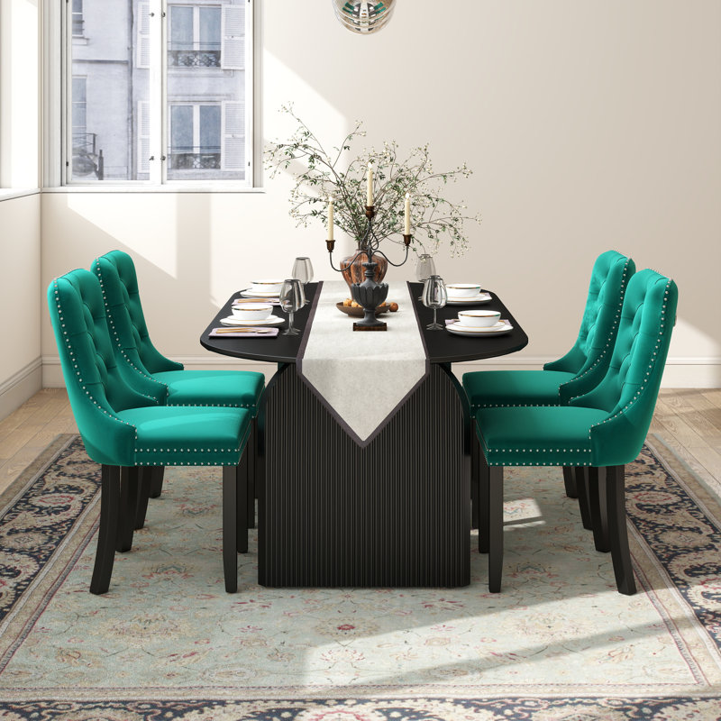 Ensemble de salle à manger Mid-Century, Noir, 7 pièces : table, 6 chaises, Vert