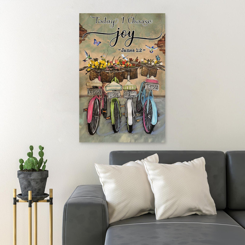 «Bicyclettes avec fleurs - Toda je choisis la joie», reproduction d'art graphique sur toile tendue