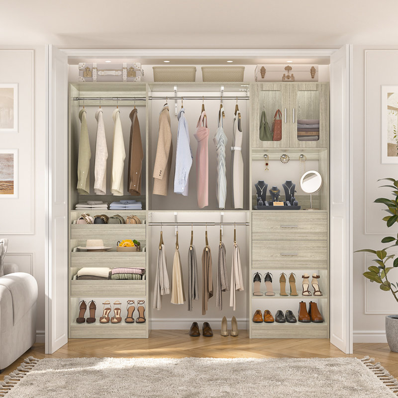 80"-120" Closet System With Door And Wooden Drawers（Adjustable Width）, White Oak