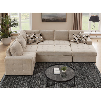 123" Oversized Sectional Sleepr Sofa U Shaped Sectional Sofa With Storage Chaise 4 Throw Pillows For Living Room