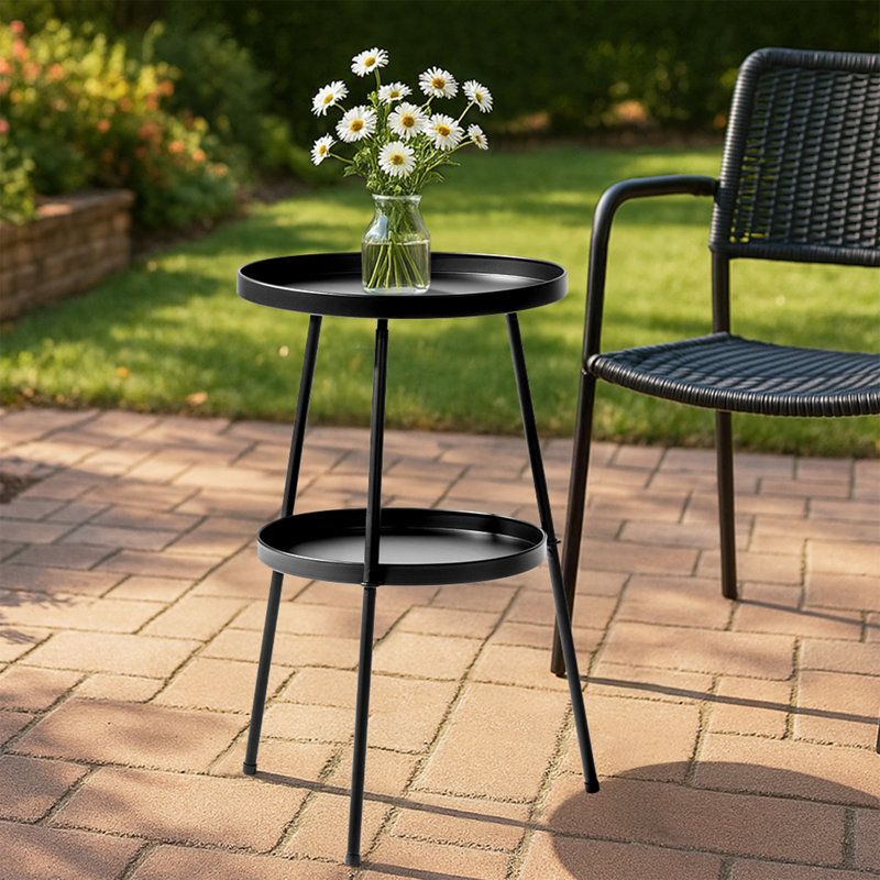 Matte Black Metal Round Side Table - Modern 2-tier Design For Indoor Outdoor Living & Patio Use